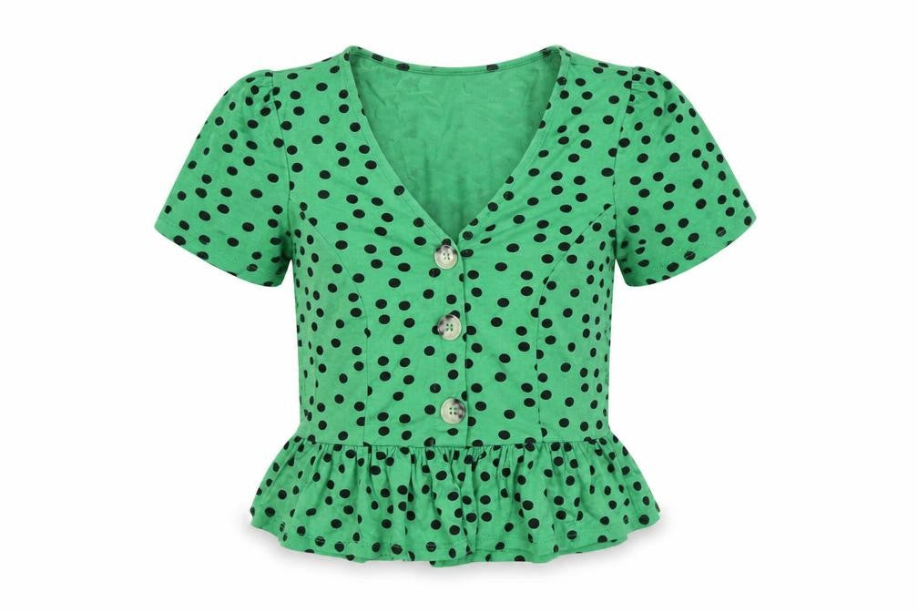 Front view of Miss Selfridge Petites Green Polka Dot Cropped Blouse UK 4