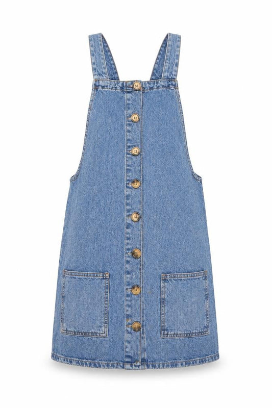 Front view of Denim Co Women's Blue Denim Pinafore Dress UK 6 Sleeveless Button Front