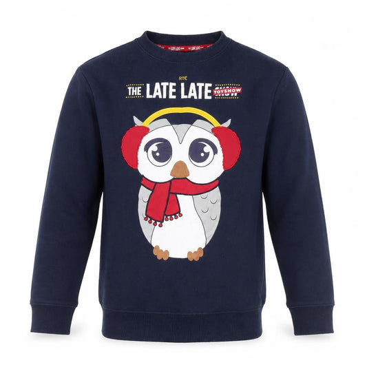 Front view of RTE The Late Late Toy Show Navy Owl Sweatshirt XS unisex pullover