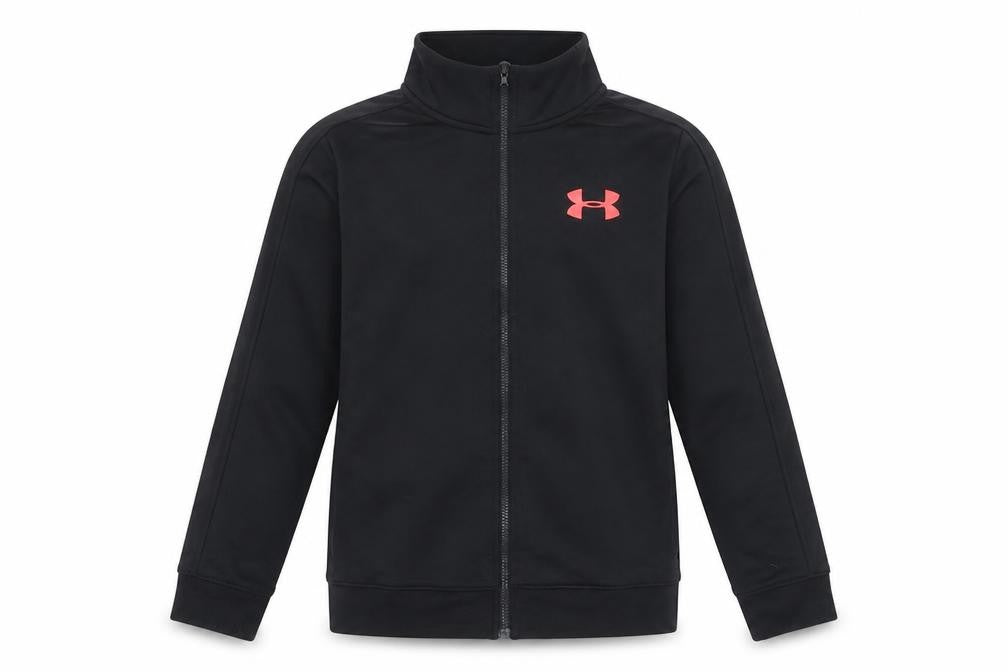 Front view of Under Armour girls’ black track jacket, size 10, years zip-up activewear