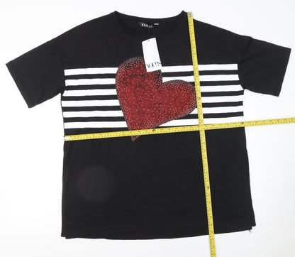 Yours Womens Black Heart Rhinestone Stripe T-Shirt Size 20