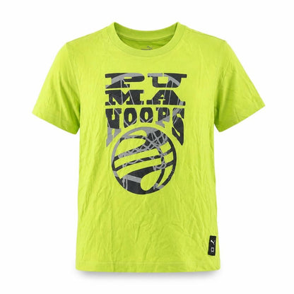 Front view of Puma boys’ yellow graphic basketball t-shirt 11-12 years short sleeve cotton