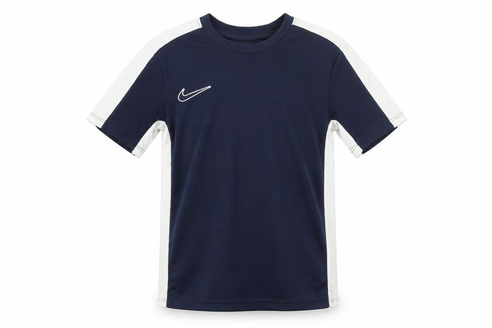 Front view of Nike boys’ blue dri-fit short sleeve athletic t-shirt, size S