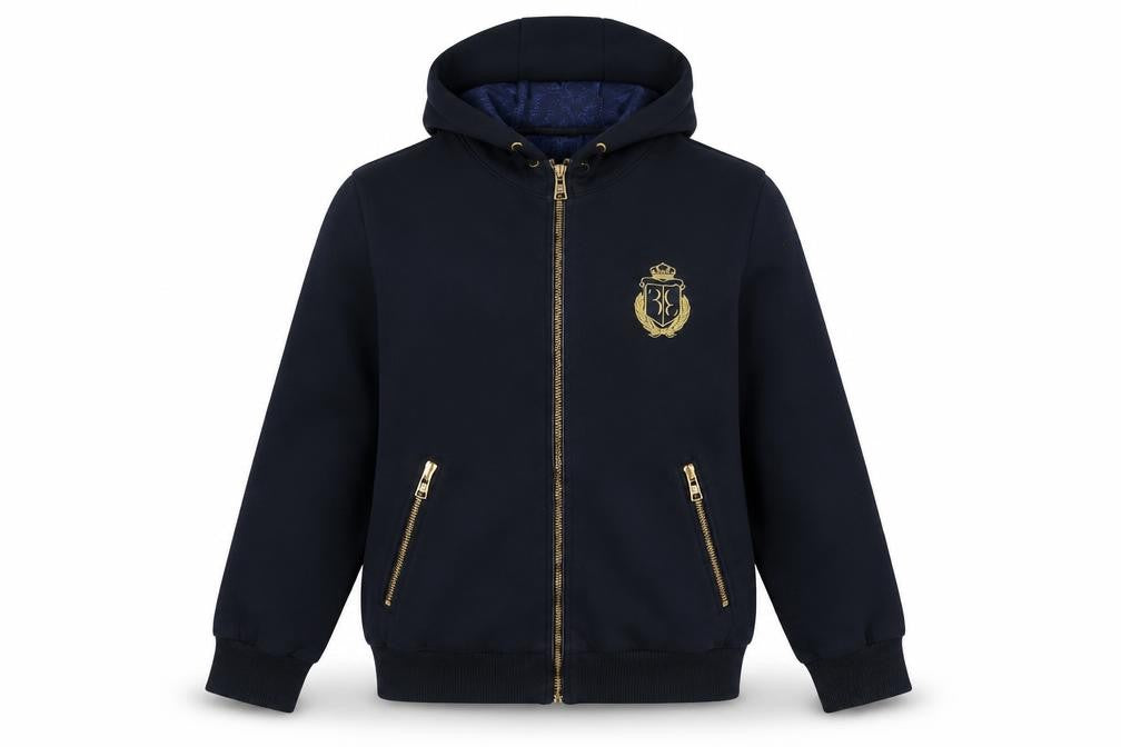 Front view of 3 Italian Couture girls’ black full zip hoodie 11-12 years embroidered logo