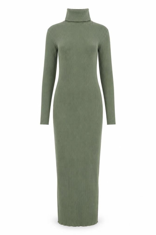 Front view of Missguided Women Green, size 8, Roll Neck Ribbed Bodycon Midi Dress