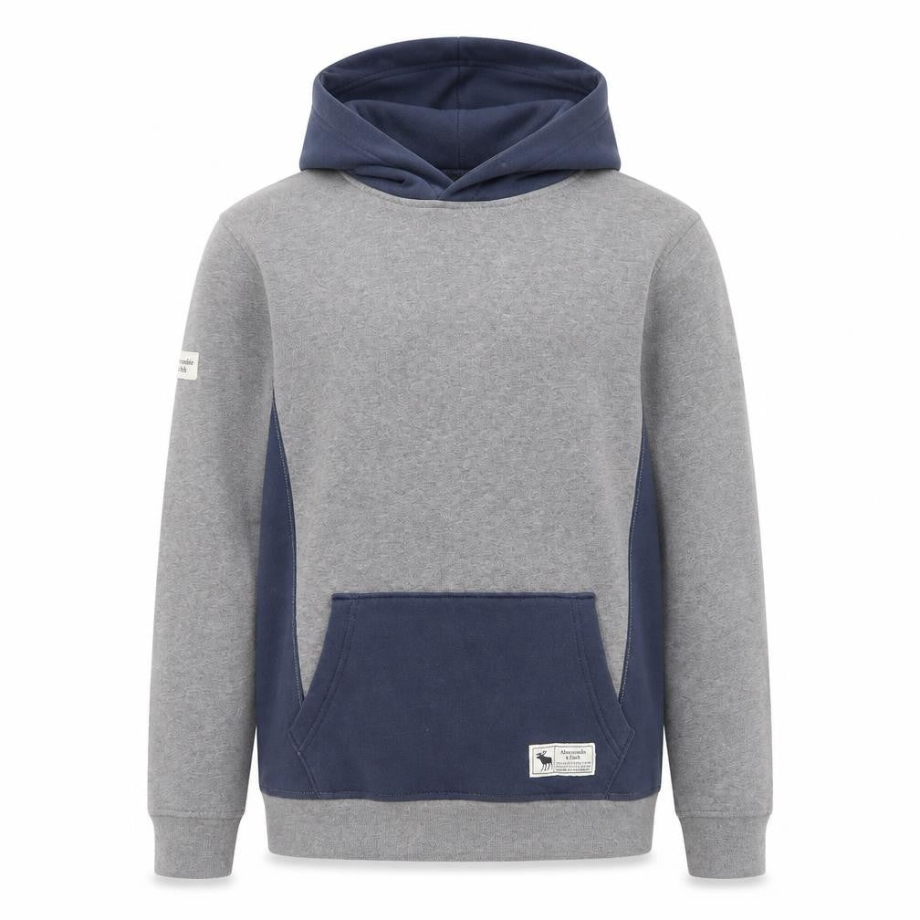 Front view of Abercrombie & Fitch Kids boys’ grey colourblock pullover hoodie 13-14 years