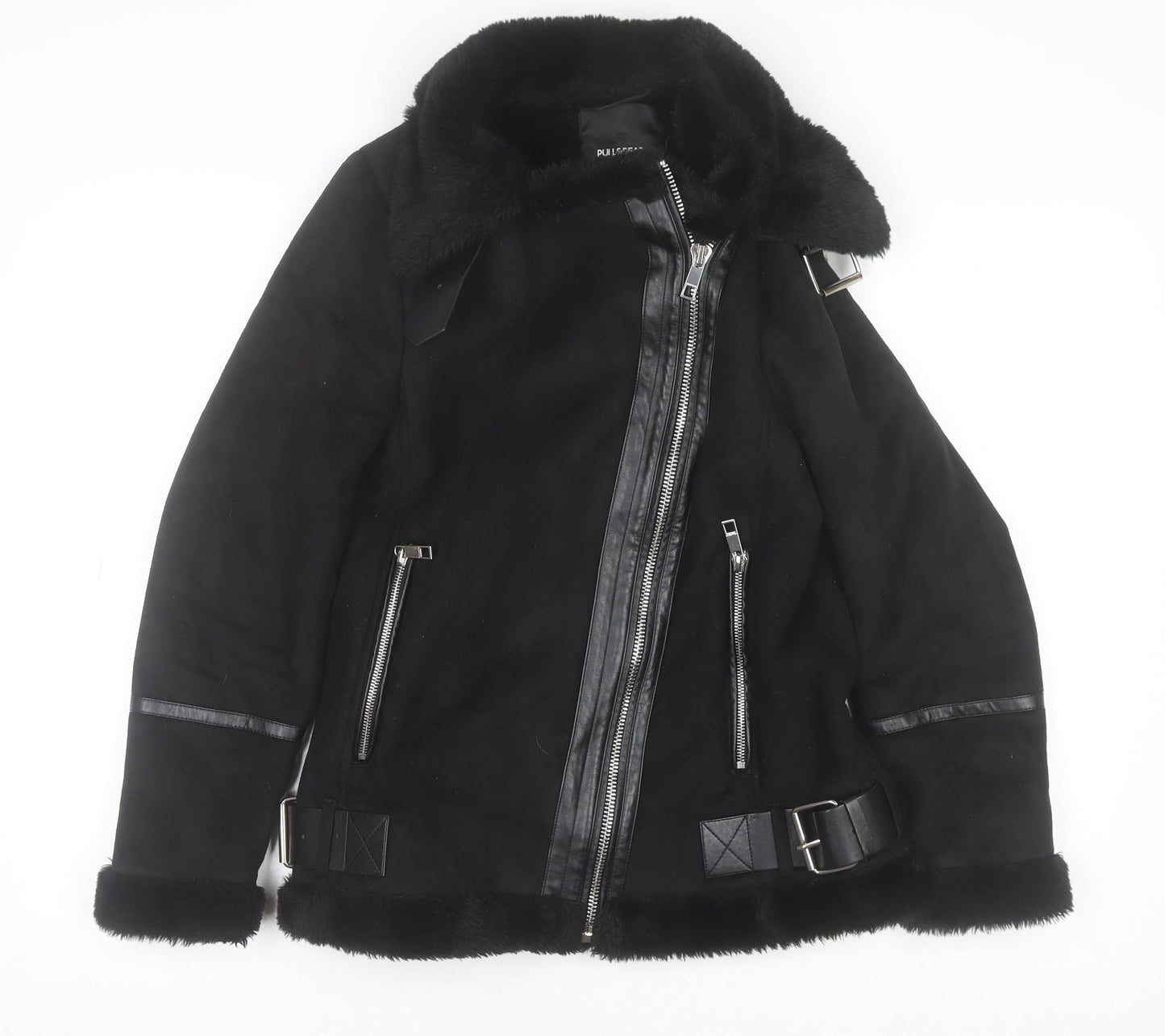 Womens UK Size XS Pull&Bear Black Biker Coat