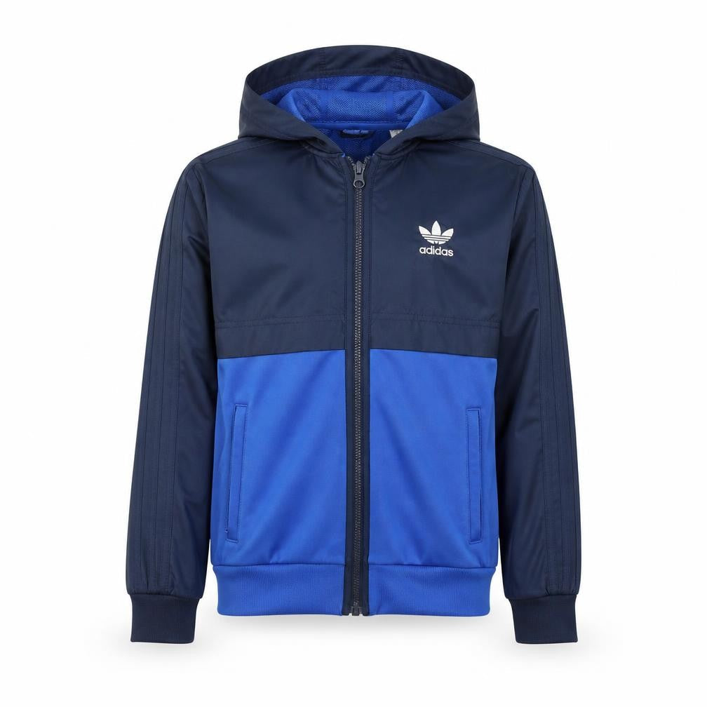 Front view of Adidas boys’ blue full zip hooded sweatshirt 12-13 years colourblock logo