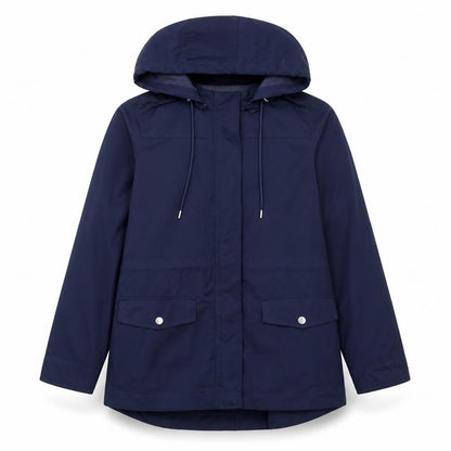 Front view of Jaeger Women Blue Hooded Parka Jacket, size 12, Mid-Length Lined