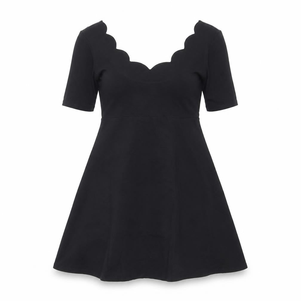 Front view of ASOS Women’s Black A-Line Scallop V-Neck Knee Length Dress, size UK 10