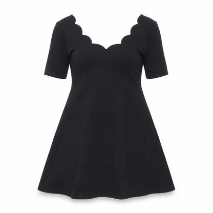 Front view of ASOS Women’s Black A-Line Scallop V-Neck Knee Length Dress, size UK 10