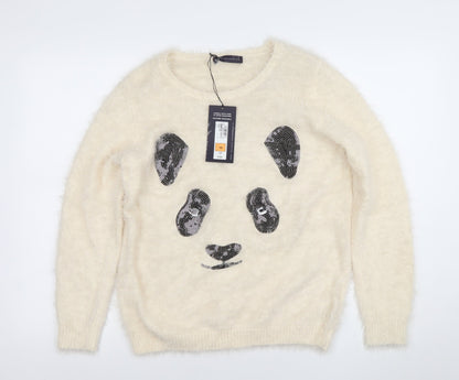 Marks and Spencer Women’s Ivory Sequin Panda Fuzzy Knit Jumper Size 10