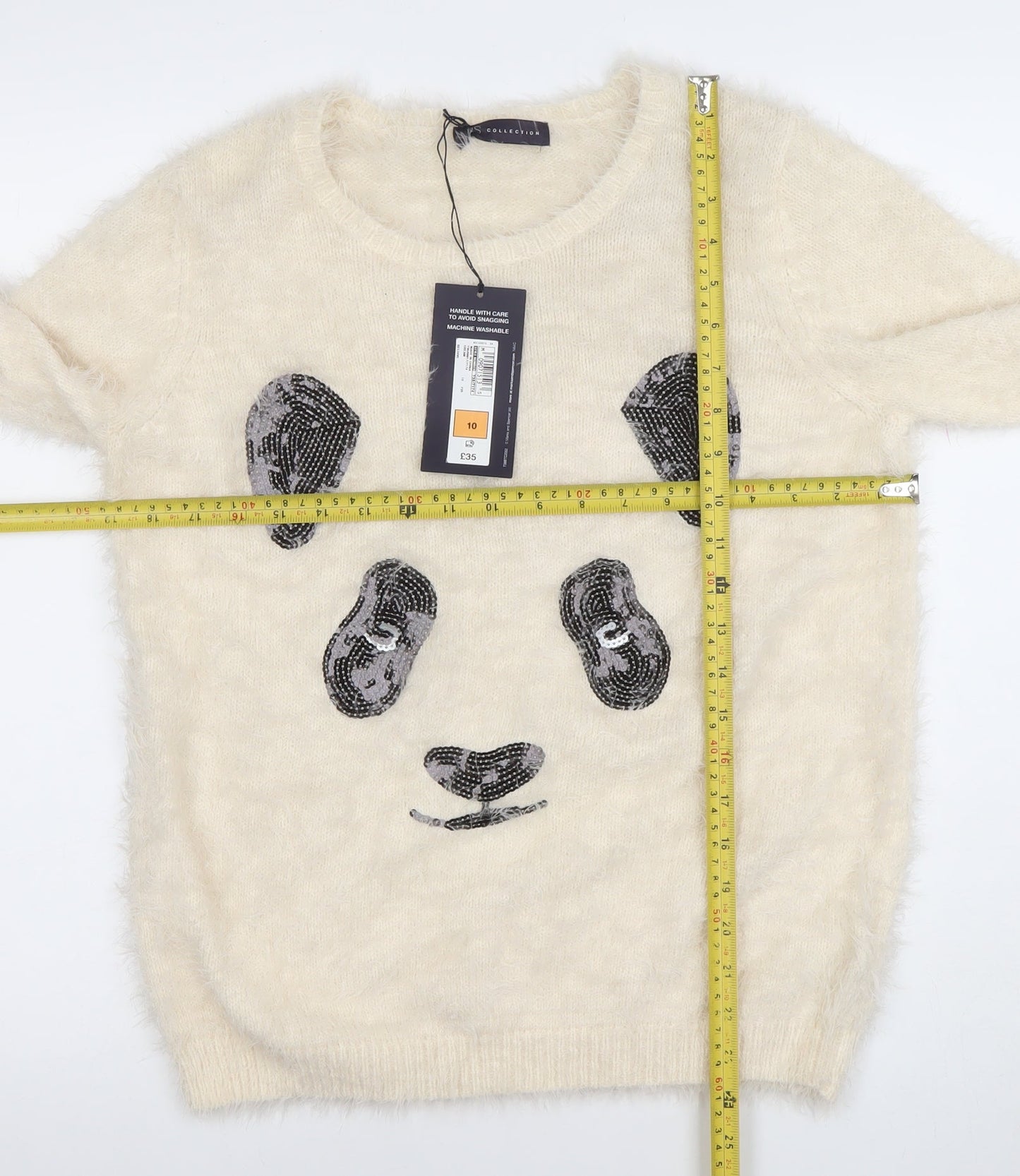 Marks and Spencer Women’s Ivory Sequin Panda Fuzzy Knit Jumper Size 10