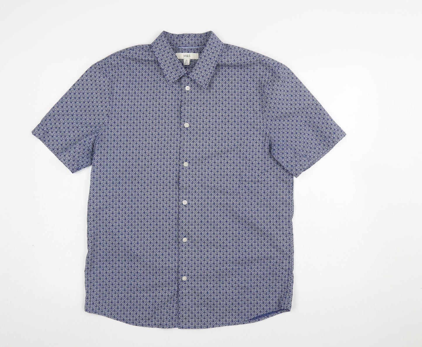 Marks and Spencer Men's Blue Geometric Short Sleeve Cotton Shirt M