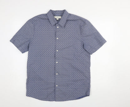 Marks and Spencer Men's Blue Geometric Short Sleeve Cotton Shirt M