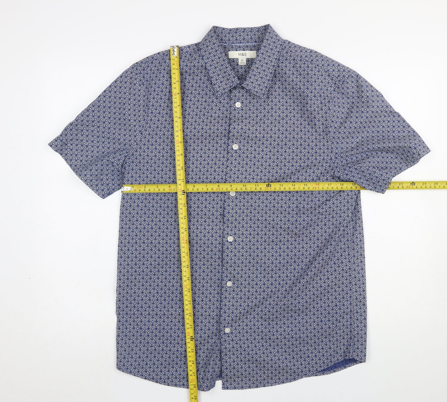 Marks and Spencer Men's Blue Geometric Short Sleeve Cotton Shirt M