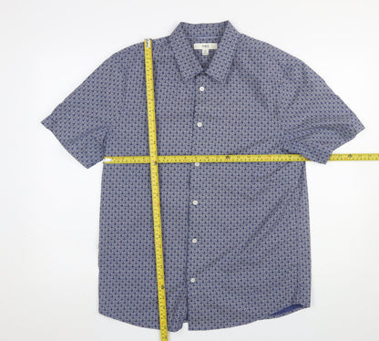 Marks and Spencer Men's Blue Geometric Short Sleeve Cotton Shirt M