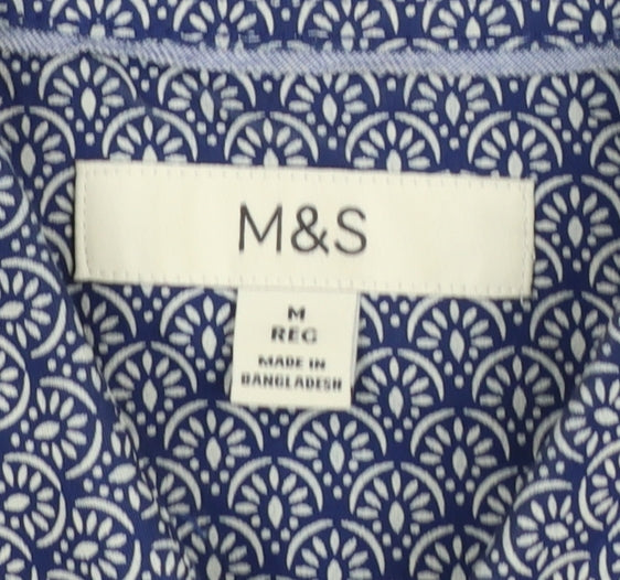 Marks and Spencer Men's Blue Geometric Short Sleeve Cotton Shirt M