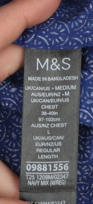 Marks and Spencer Men's Blue Geometric Short Sleeve Cotton Shirt M