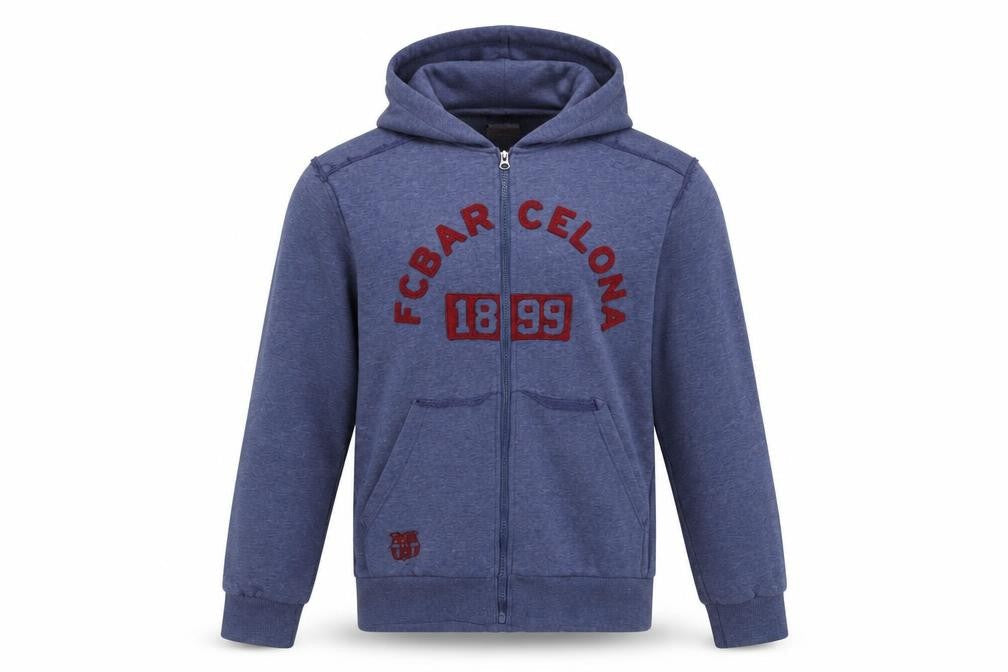 Front view of FC Barcelona Men's Blue Full Zip Hoodie, size L, Sportswear