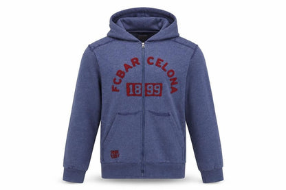 Front view of FC Barcelona Men's Blue Full Zip Hoodie, size L, Sportswear