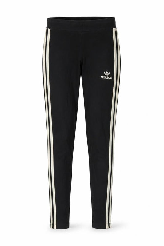 Front view of Adidas Women Black Leggings, size 4, Athletic 3-Stripes Cotton Blend