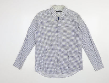 Guide London Men's Blue Geometric Slim Fit Long Sleeve Cotton Shirt Size L