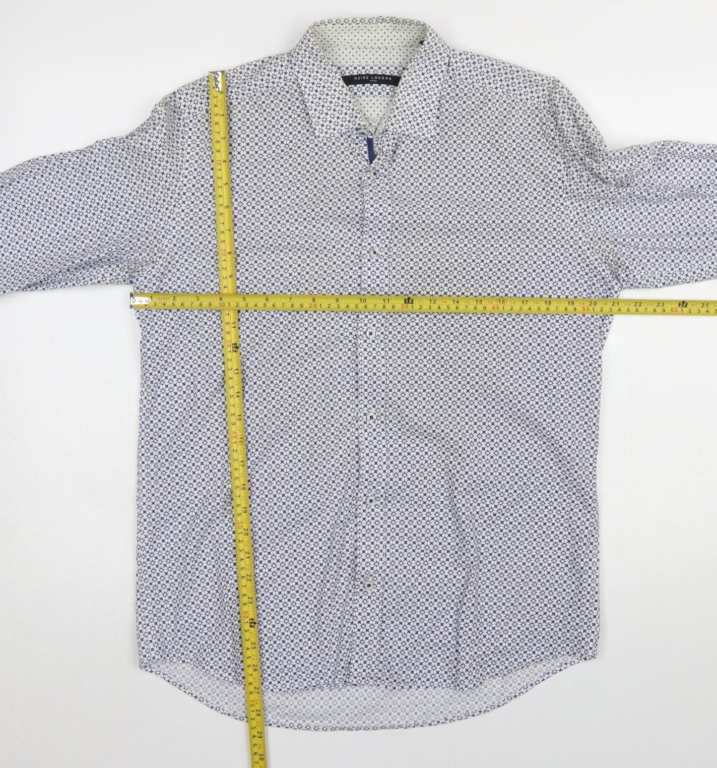 Guide London Men's Blue Geometric Slim Fit Long Sleeve Cotton Shirt Size L