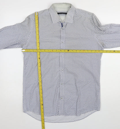Guide London Men's Blue Geometric Slim Fit Long Sleeve Cotton Shirt Size L