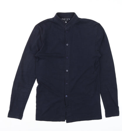 boohooMAN Men’s Blue Slim Fit Band Collar Long Sleeve Cotton Shirt M