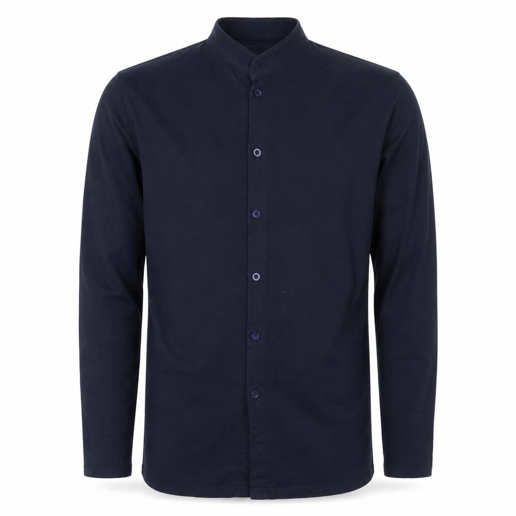 Front view of boohooMAN Men’s Blue Slim Fit Band Collar Long Sleeve Cotton Shirt M