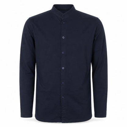 Front view of boohooMAN Men’s Blue Slim Fit Band Collar Long Sleeve Cotton Shirt M