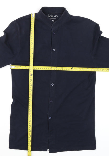 boohooMAN Men’s Blue Slim Fit Band Collar Long Sleeve Cotton Shirt M