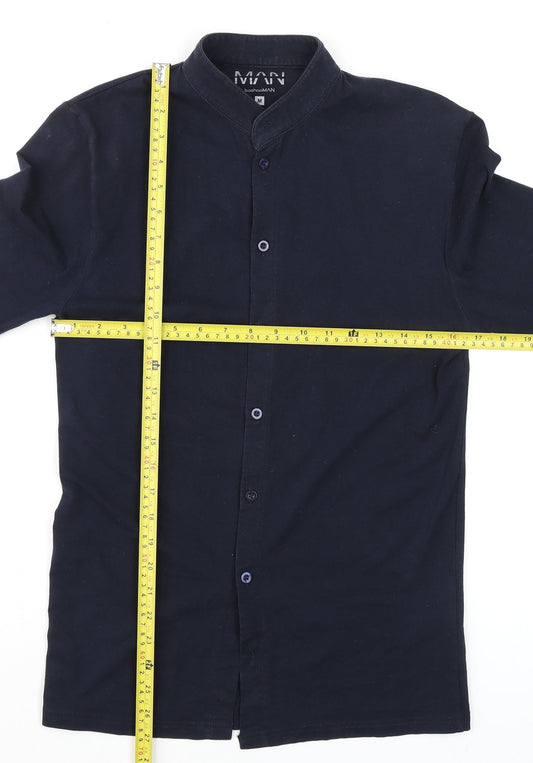 boohooMAN Men’s Blue Slim Fit Band Collar Long Sleeve Cotton Shirt M