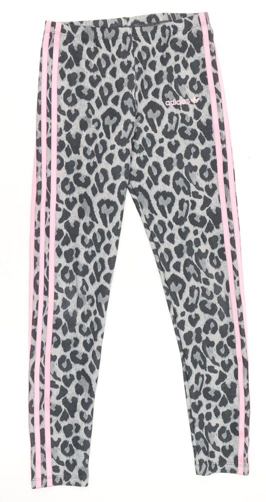 adidas Girls Grey Leopard Print 3-Stripes Leggings 11-12 Years