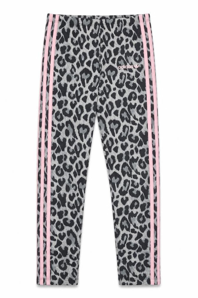 Front view of adidas girls’ grey leopard print 3-stripes leggings 11-12 years