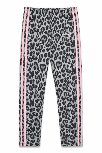 Front view of adidas girls’ grey leopard print 3-stripes leggings 11-12 years