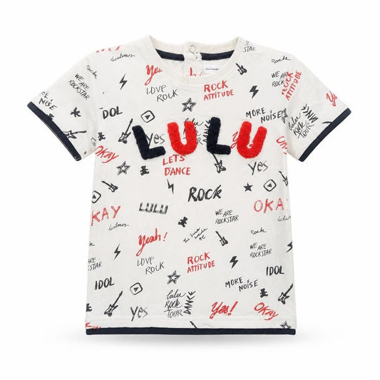 Front view of LuluCastagnette unisex baby white rock print cotton t-shirt 24 months