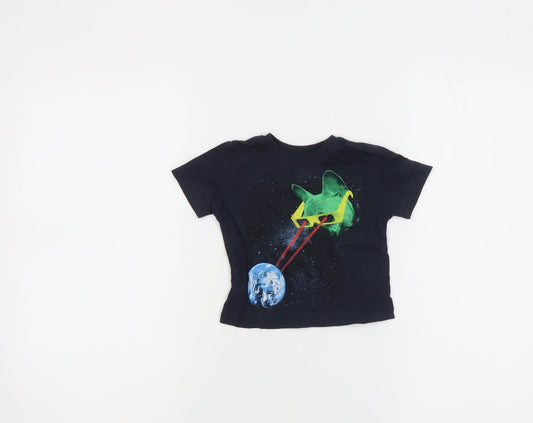 Little Lads Boys Black Space Cat Graphic Short Sleeve Cotton T-Shirt 18-24M