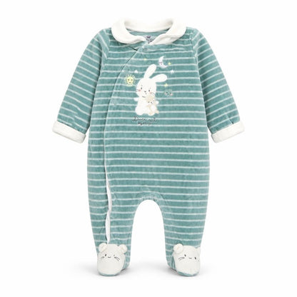 Sergent Major Green Striped Bunny Babygrow Unisex 4M Velour Long Sleeve
