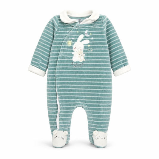 Sergent Major Green Striped Bunny Babygrow Unisex 4M Velour Long Sleeve