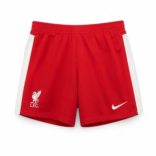 Front view of Nike boys’ red lfc football athletic shorts, size M, polyester activewear