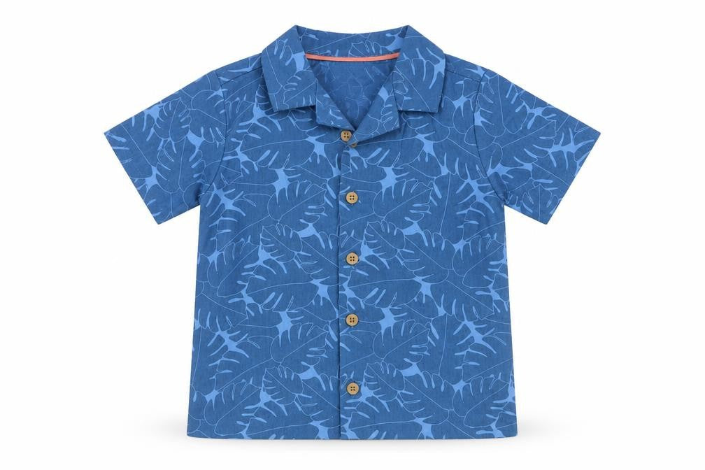 Front view of John Lewis boys’ blue leaf print cotton linen button-up shirt 24 months