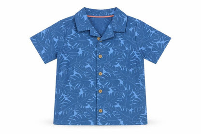 Front view of John Lewis boys’ blue leaf print cotton linen button-up shirt 24 months