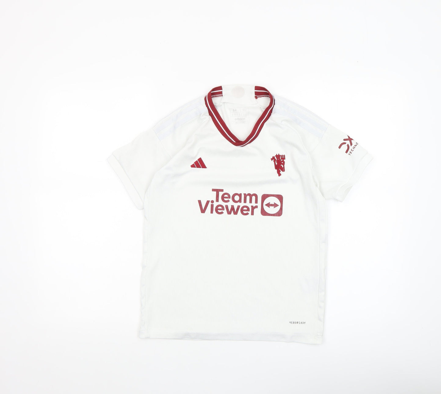 Adidas Boys White Football Jersey T-Shirt 7-8 Years Lightweight V-Neck