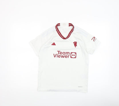 Adidas Boys White Football Jersey T-Shirt 7-8 Years Lightweight V-Neck