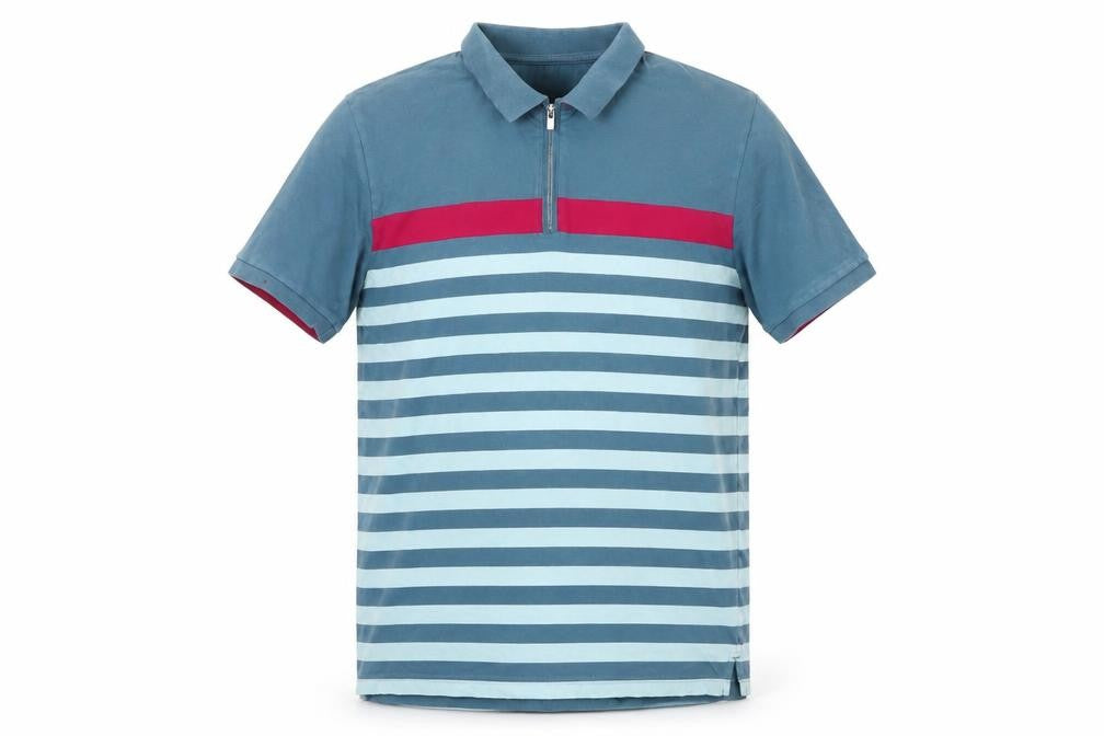 Front view of Dunnes Men's Blue Striped Slim Fit Cotton 1/4 Zip Polo Shirt L