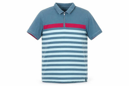 Front view of Dunnes Men's Blue Striped Slim Fit Cotton 1/4 Zip Polo Shirt L
