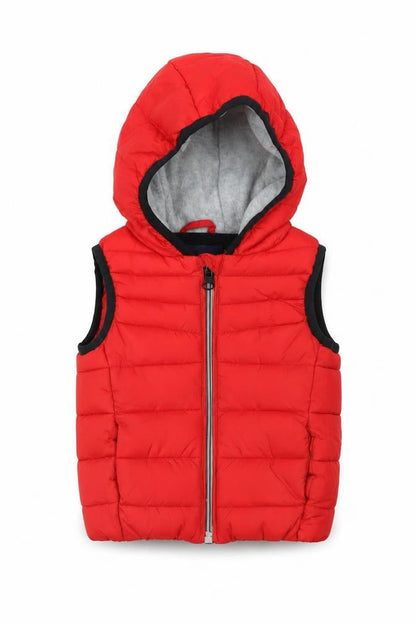 Front view of Next unisex baby red puffer hooded waistcoat 6-9 months polyester