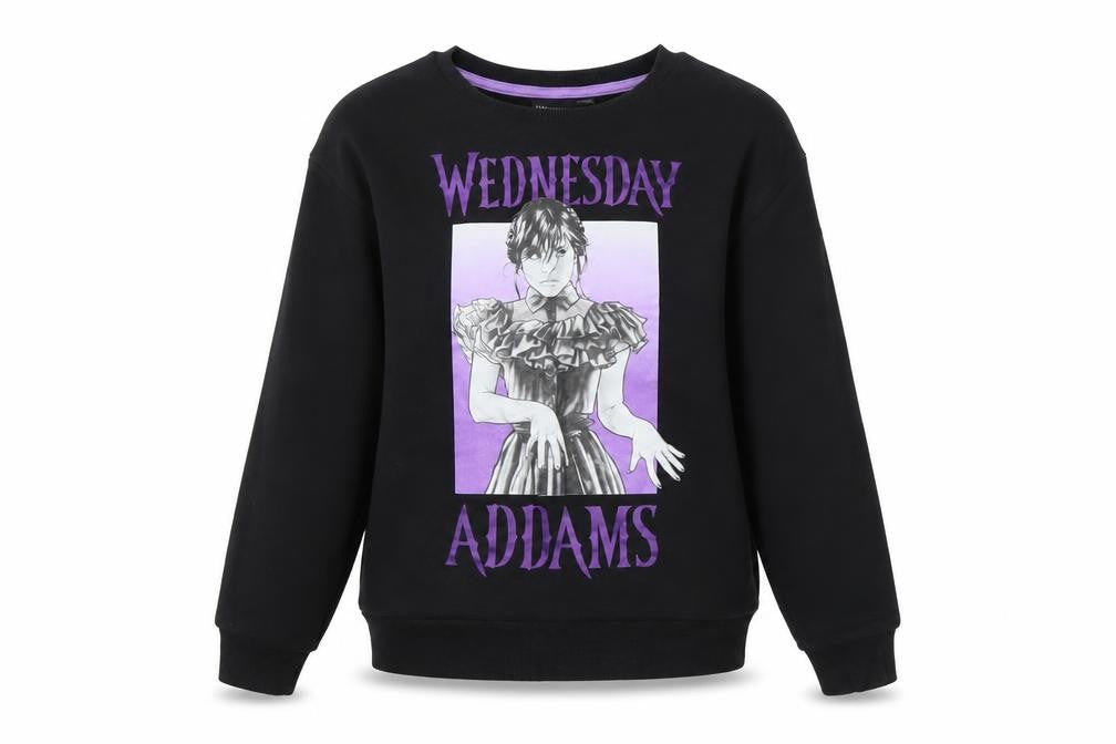 Front view of Wednesday Addams girls’ black pullover sweatshirt 10-11 years graphic print